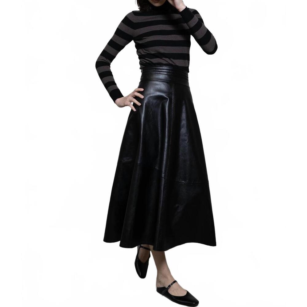 NEW BYRD harper faux leather flare midi skirt in black